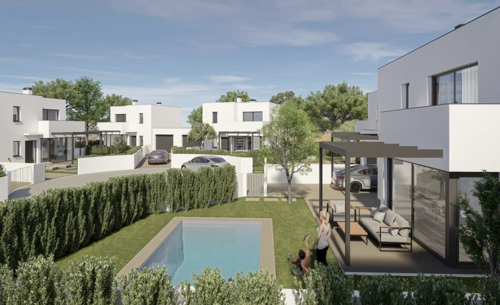Renders interiors, exteriors i vídeo per a conhunt d'habitages amb piscina a L'Escala. anbimedia3d