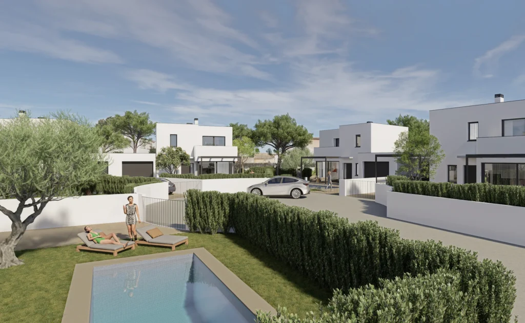 Renders interiors, exteriors i vídeo per a conhunt d'habitages amb piscina a L'Escala. anbimedia3d