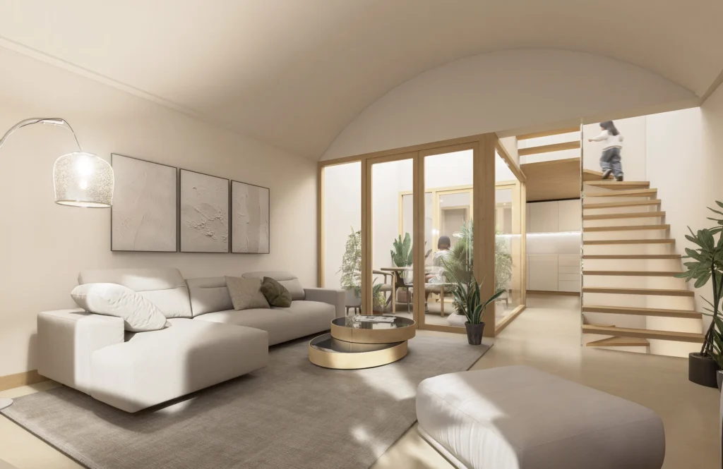 Renders interiors per als estudis previs de rehabilitació integral d’un habitatge unifamiliar a Torroella de Montgrí | anbimedia3d