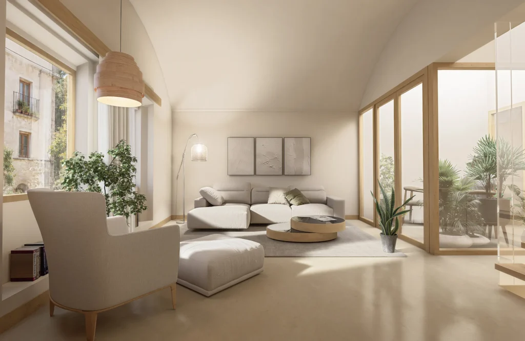 Renders interiors per als estudis previs de rehabilitació integral d’un habitatge unifamiliar a Torroella de Montgrí | anbimedia3d